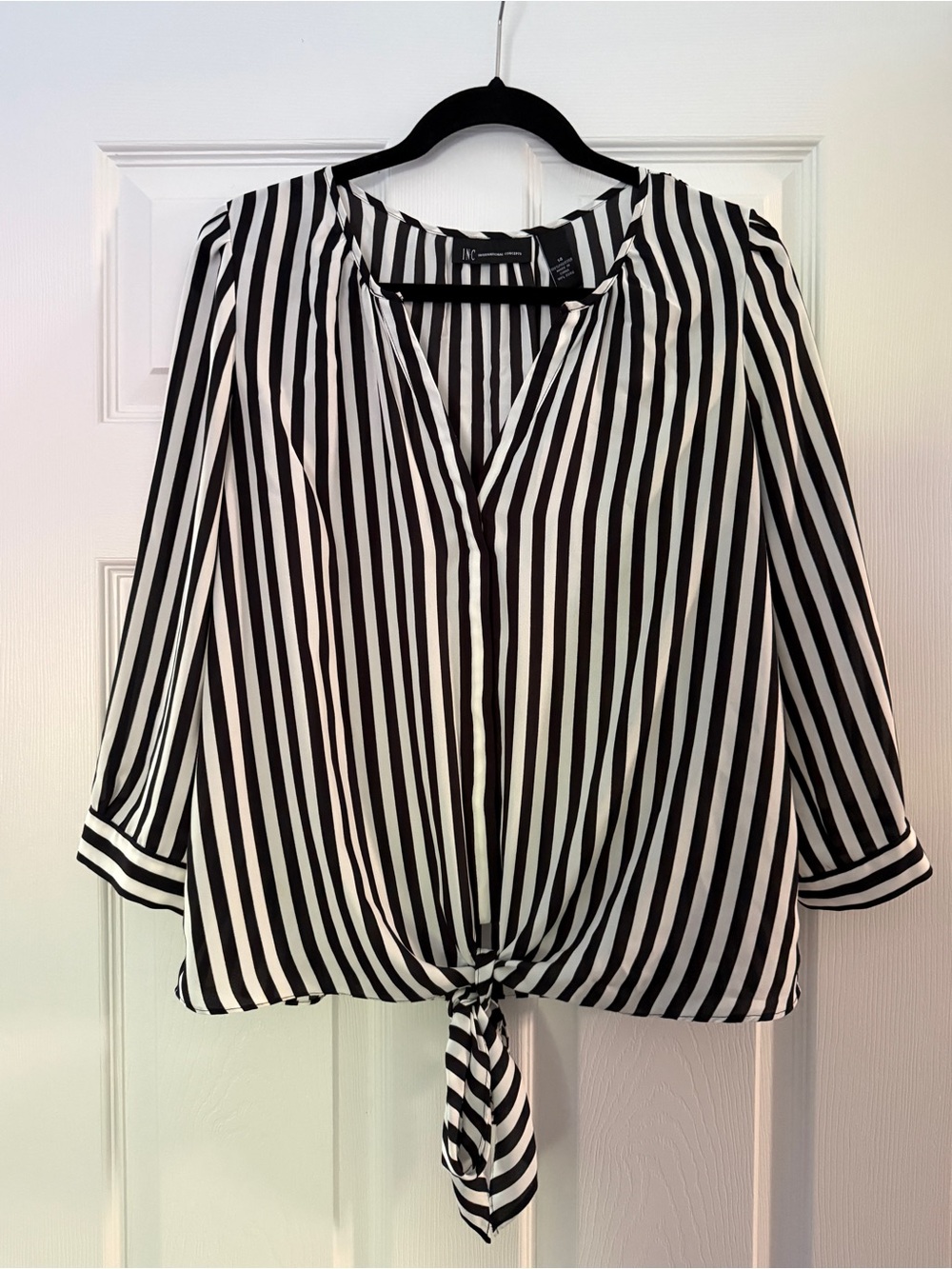 INC International Concepts Black and White Vertical Stripe Tie-Front Blouse
